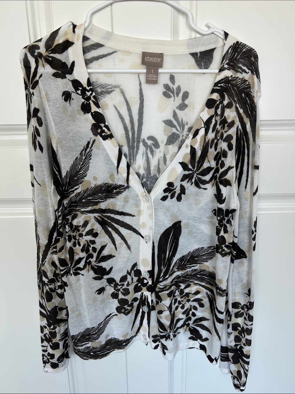 NWOT Chico's Black and Cream Floral V-Neck Button Cardigan